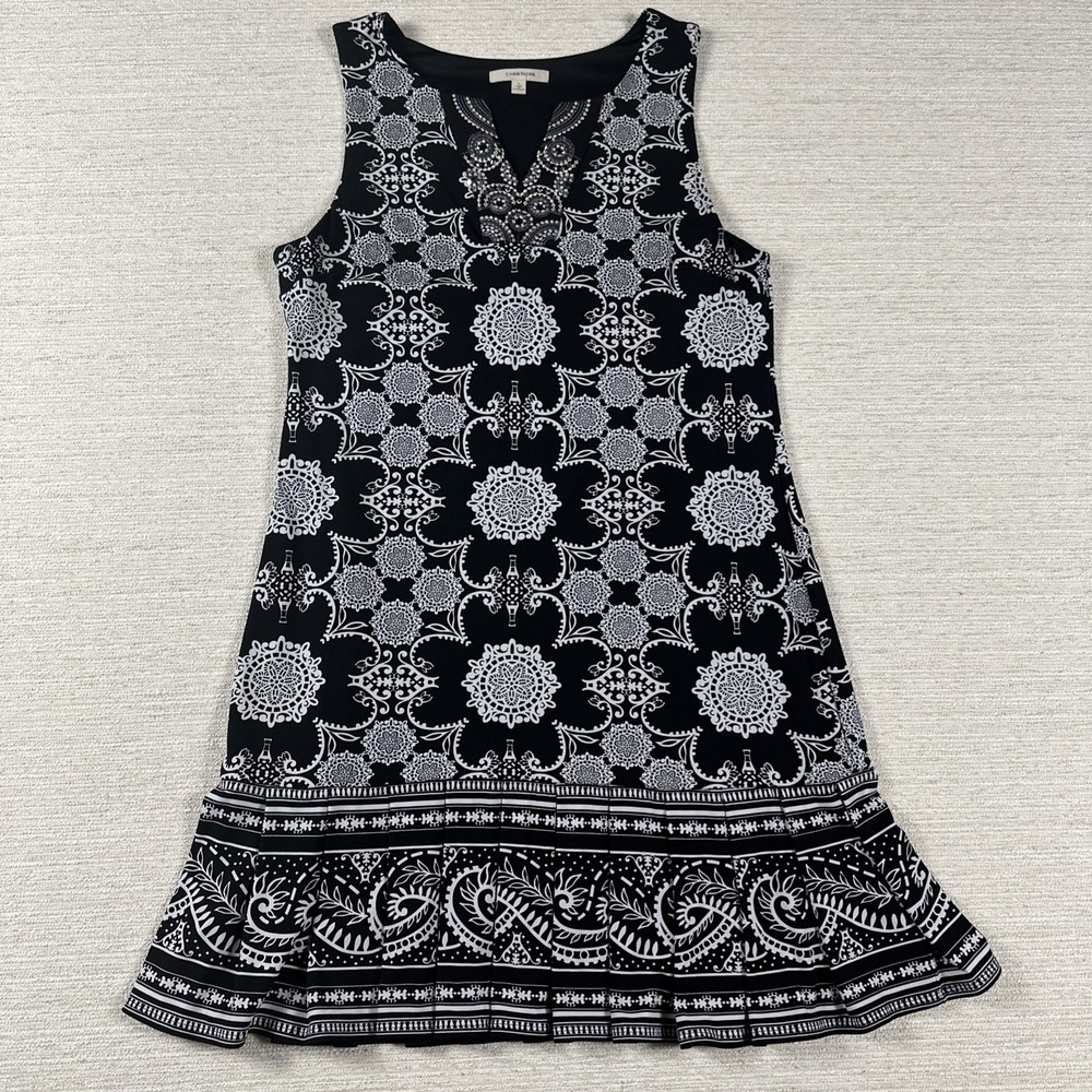 Boho Paisley Embellished Beaded Shift Dress L Ruffle Hem Resort Tunic Black